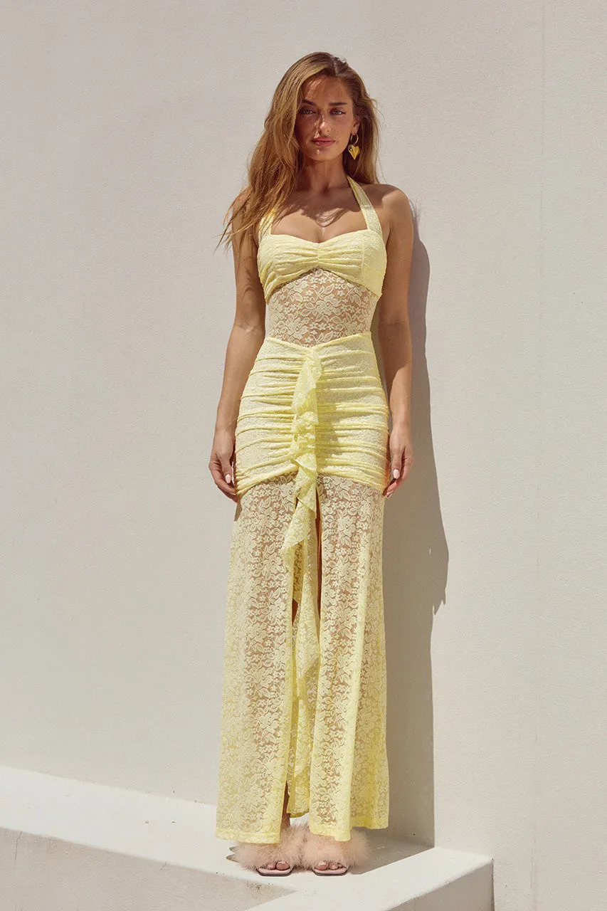 Women's Lace Backless Slit Dress - Light Yellow