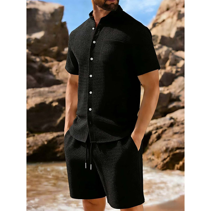 Short-sleeve Jacquard-buttoned Lapel Solid-color Sporty Casual Outfit Set
