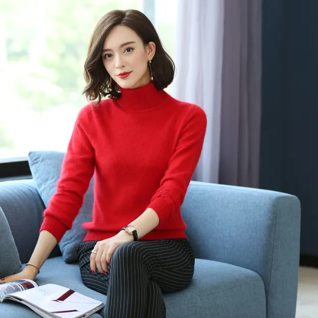 Turtleneck Pullover Short Loose Cashmere Knitted Mink Velvet Bottoming Shirt Sweater Bright Red - Shop at LoveMi