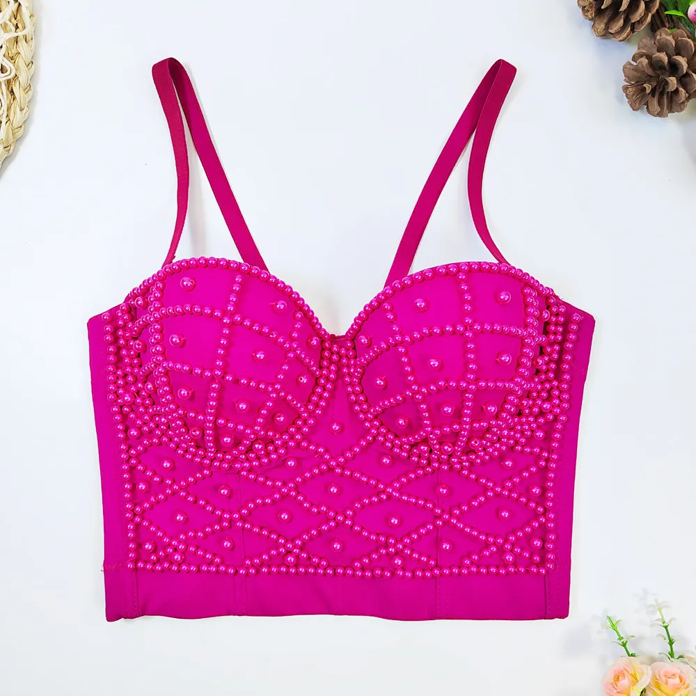 Women's Fashionable Elegant Pearl Spaghetti-strap Camisole Top With Chest Pad - Rose Red