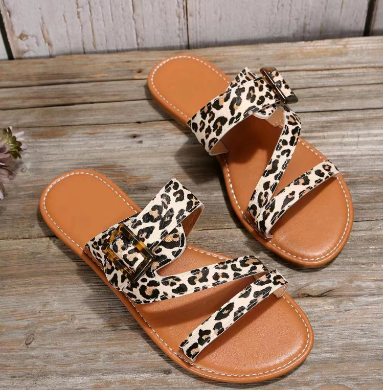 Women's Plus Size Leopard Print Flat Open Toe Slippers Leopard - Shop at LoveMi