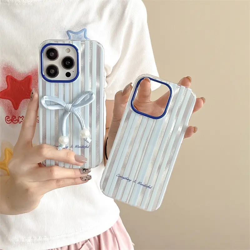 Simple And Versatile Blue Striped Bow Phone Case