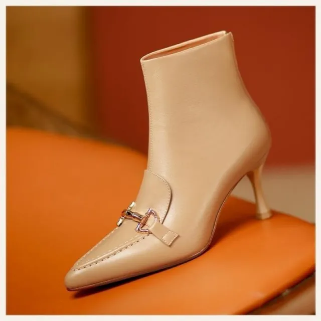 Women's Fashion Retro Pointed Toe Metal Buckle Ankle Boots Apricot - Shop at LoveMi