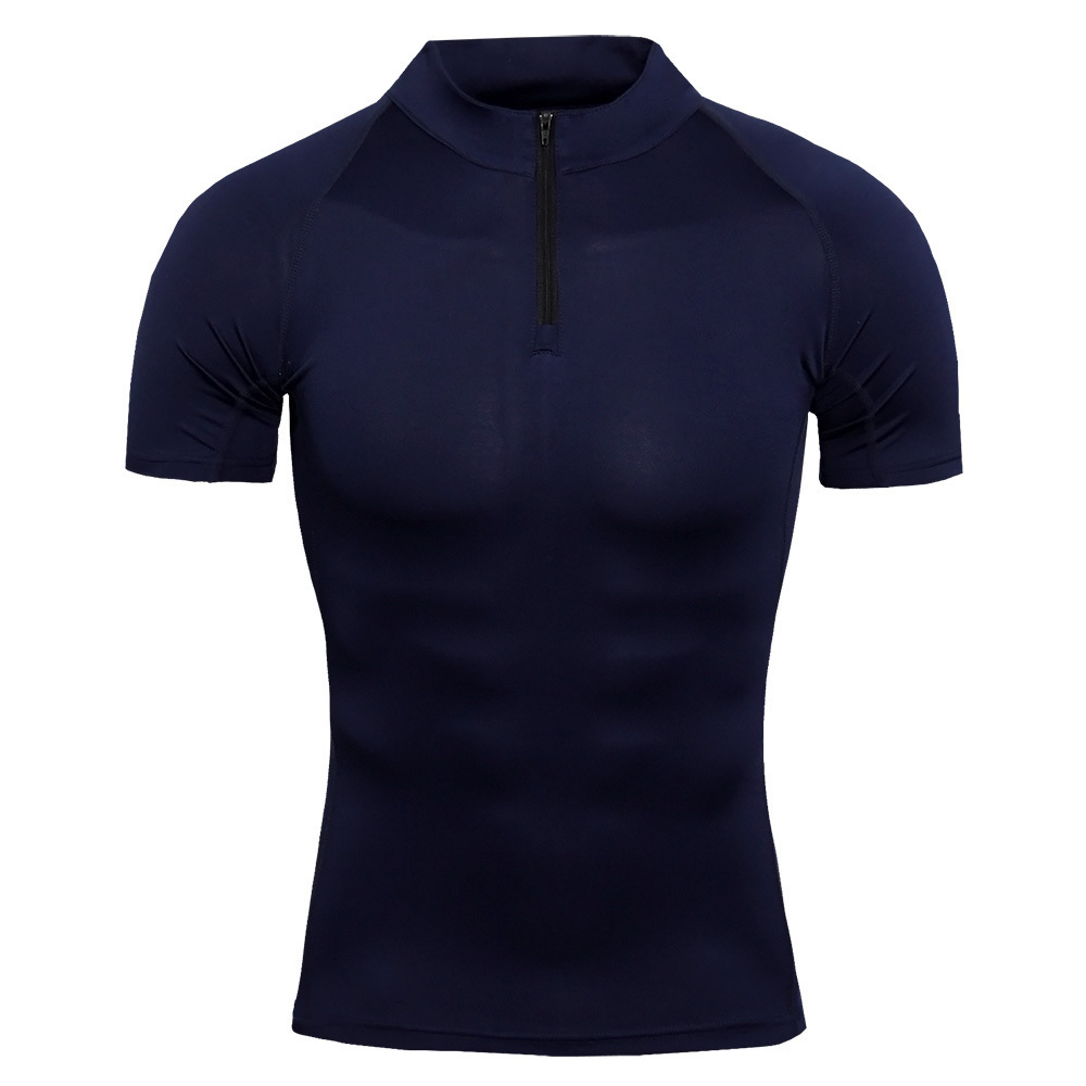 Men's Stand Collar Zipper Fitness Short Sleeve Training Running Stretch T-shirt - 5