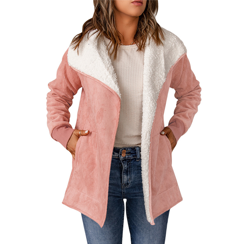 Pure Color Suede Jacket Long Loose Lapel Long Sleeves Coat For Women