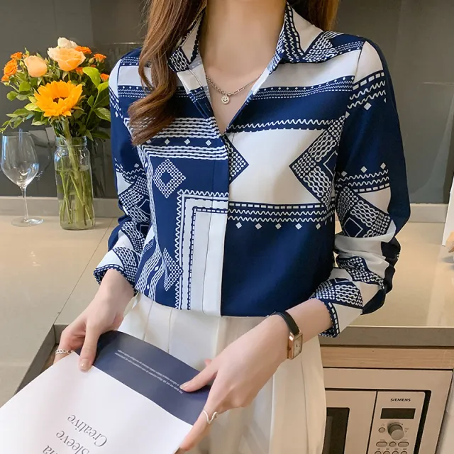 Blue Printed Shirt Women's Long Sleeve Color - Shop at LoveMi