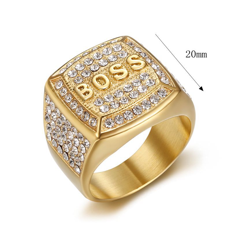 Titanium Steel Vacuum Plating Rhinestone Square BOSS Letter Men's Ring