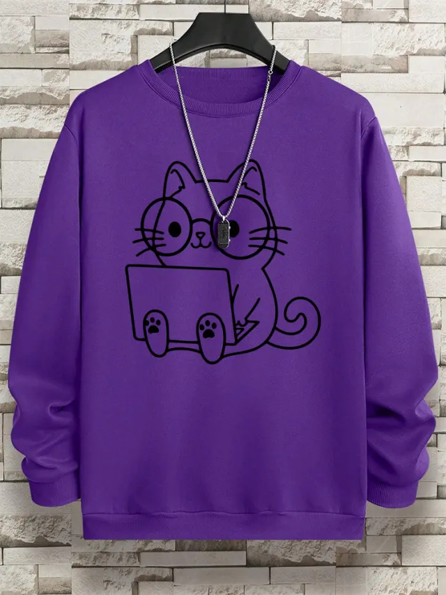 Gentleman Cat At Work Printed Men's Sweatshirt Hip Hop Loose Purple - Shop at LoveMi