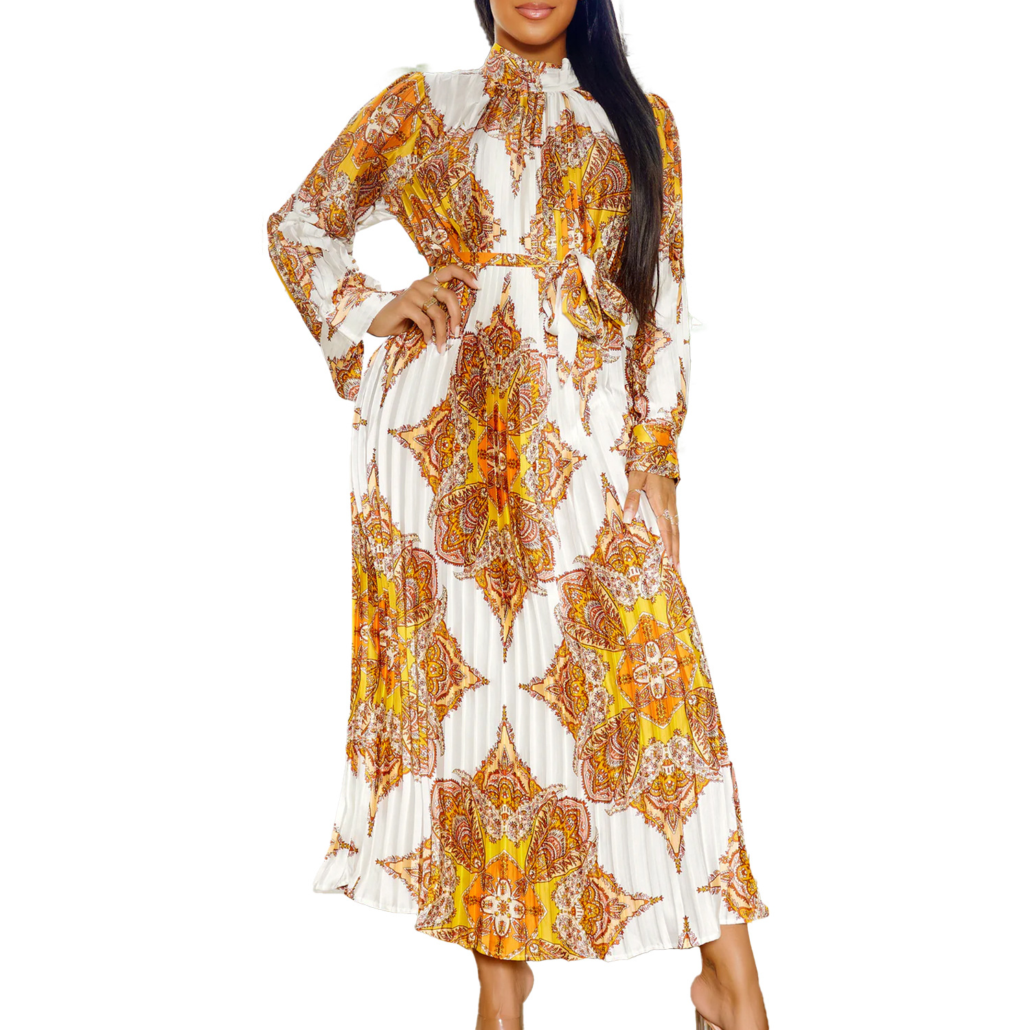 Fashion Women's Wear Printed Long Sleeve Pleated Dress