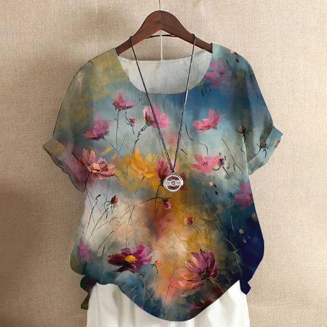 Short sleeved T shirt Flower And Plant Painting Printed Women's Loose Top J28Tr1Gd23201D2 - Shop at LoveMi