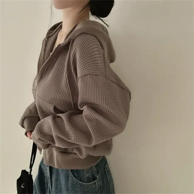 Korean Style Hooded Thin Waffle Sweater 60255 Brown Velvet - Shop at LoveMi