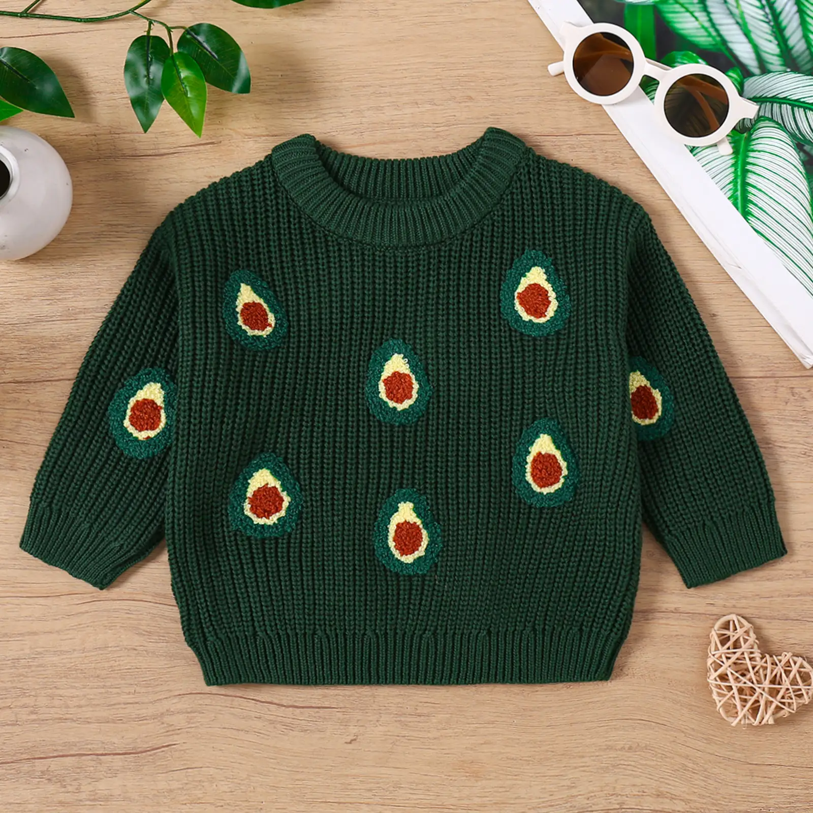 Children's Cartoon Avocado Embroidery Pattern Long-sleeved Sweater