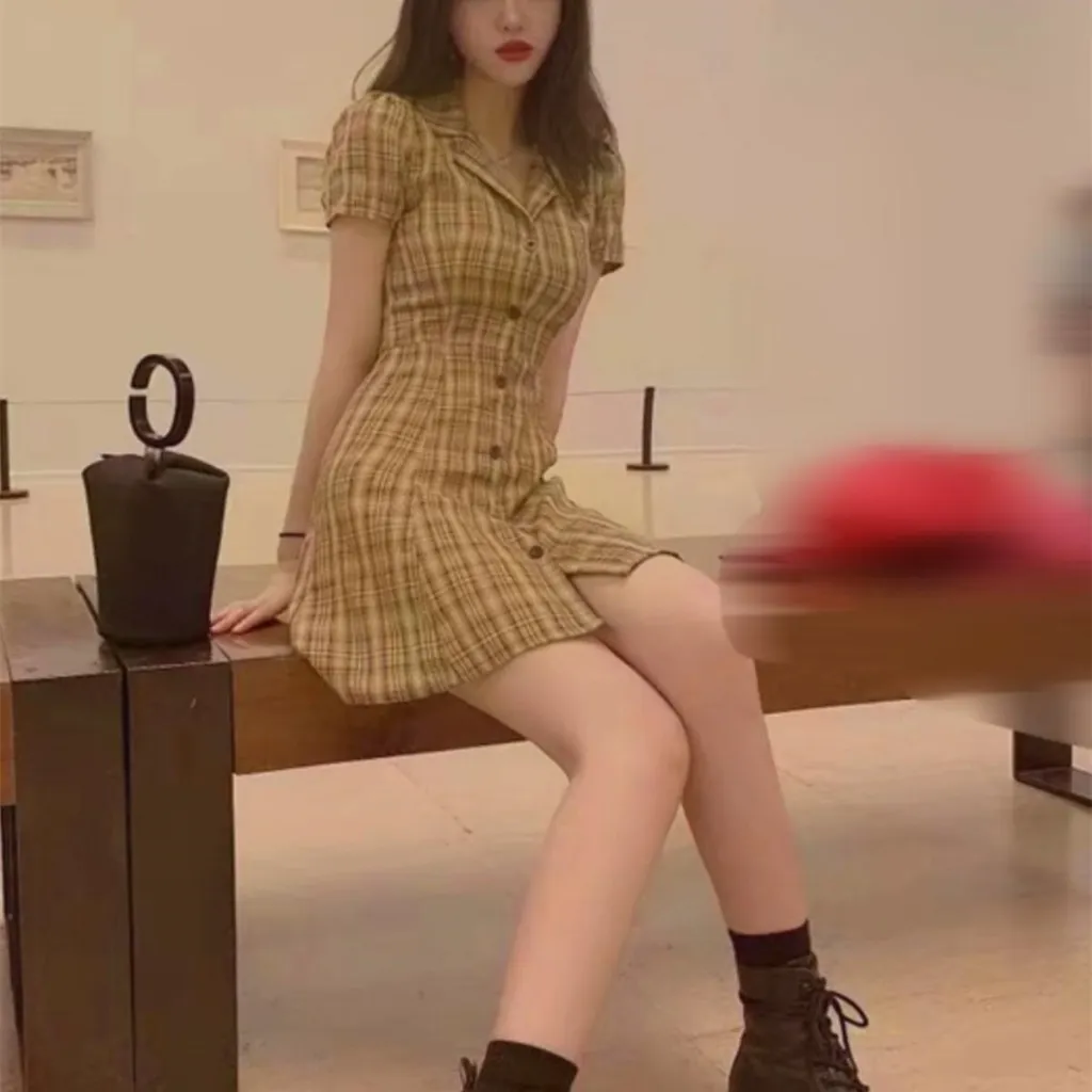 Retro Minority Suit Lapel Tartan Skirt - Yellow