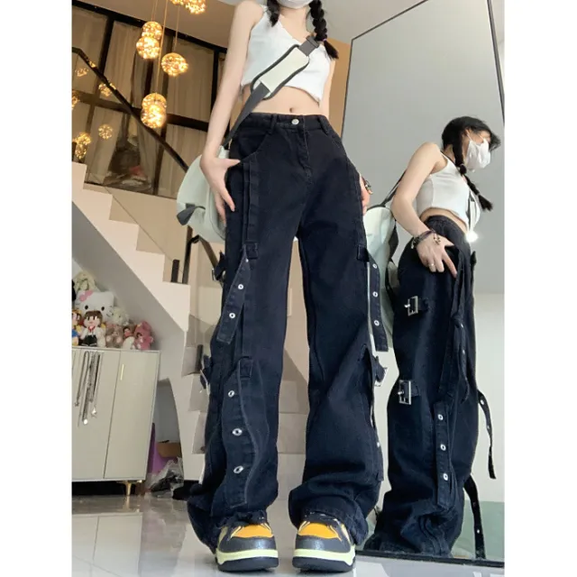 Women's High Street Lace up Washed Casual Jeans Black - Shop at LoveMi
