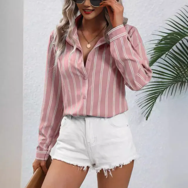 Commute Style Fashion Striped Loose Long Sleeve Shirt Pink - Shop at LoveMi