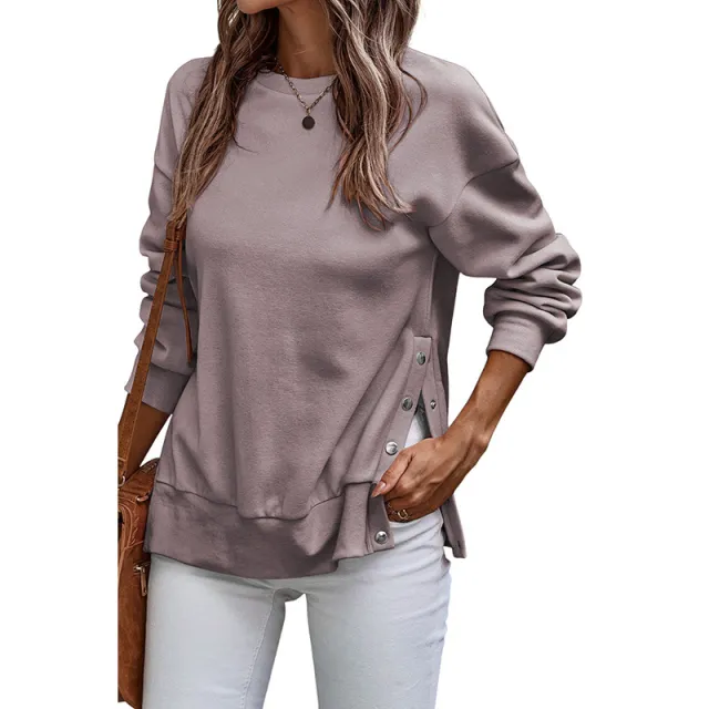 Solid Color Pullover Women's European And American Leisure Style Slit Loose Flab Hiding Long Sleeve Bathroom Lc25316883P1508Color L - Shop at LoveMi