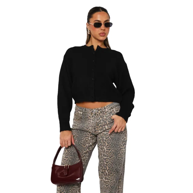 Comfort And Casual Solid Color Woolen Cardigan Short Coat Top Sweater Black - Shop at LoveMi