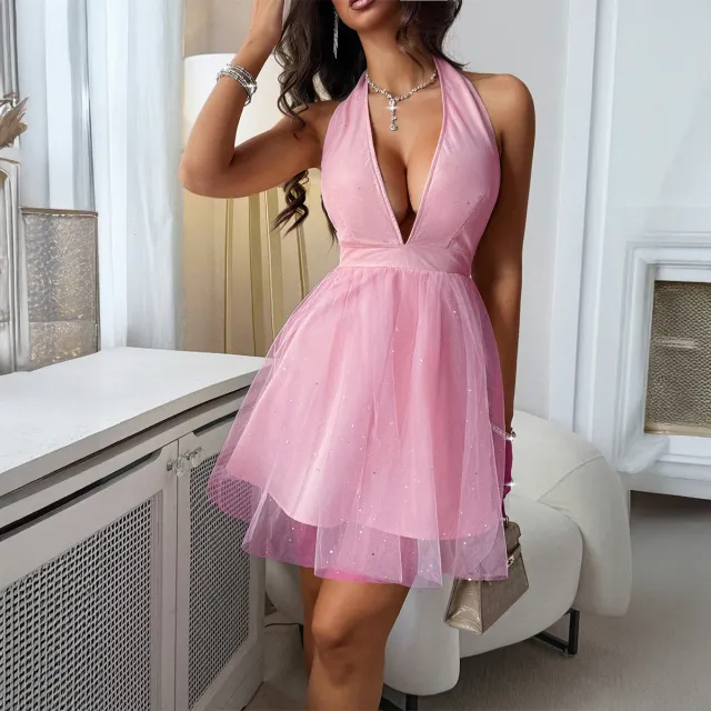 Womens Solid Color Casual Halter Waist Cinching Dress Pink - Shop at LoveMi
