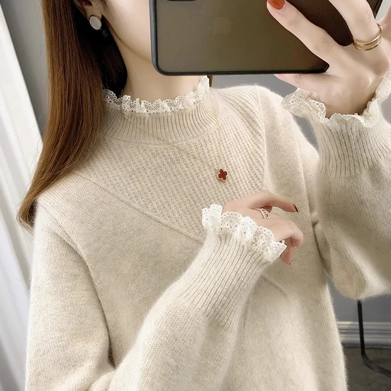 Lace Half-turtleneck Bottoming Shirt For Women - Beige