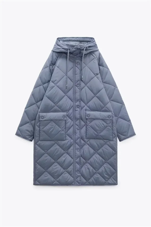 Korean Style Long Version Rhombus Hooded Cotton Jacket Blue - Shop at LoveMi