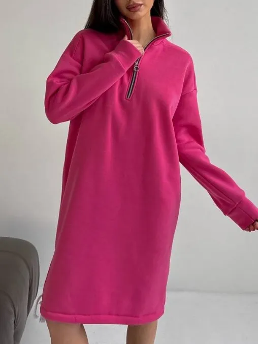 High-neck Half-zip Sweatshirt Dress Warm Fleece Skirt - Rose