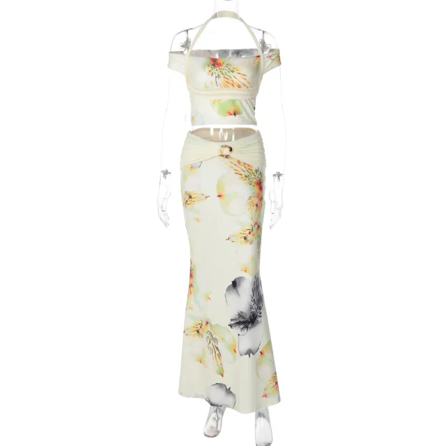 Sexy Backless Halter Top Slim fit Printed Dress Two piece Set Apricot - Shop at LoveMi