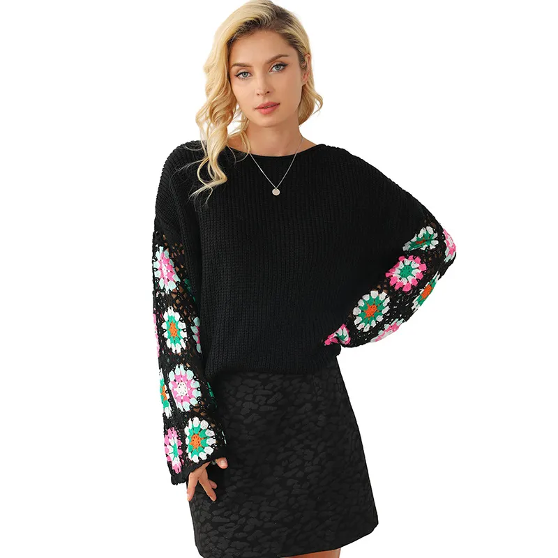 Women's Casual Loose Floral Crochet Knitted Sweater - Black