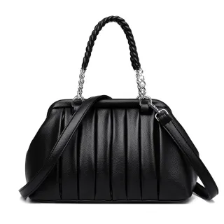 New Fashion All-match Pleated Woven Portable Large Capacity Leather Women's Bag - Black
