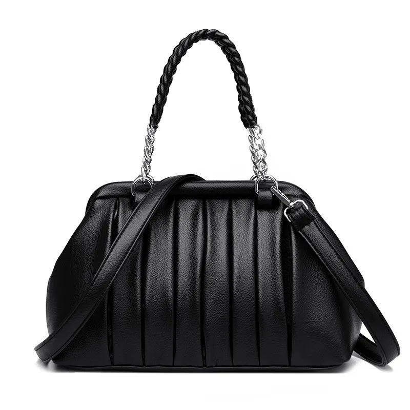 New Fashion All-match Pleated Woven Portable Large Capacity Leather Women's Bag - Black