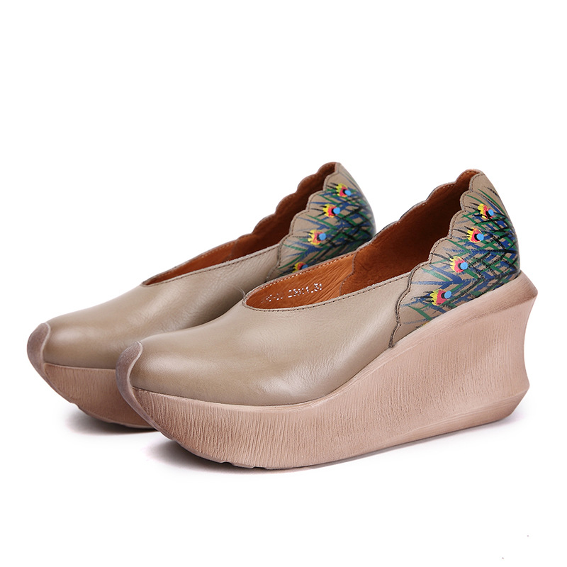 Hand-Painted Peacock Feather Platform Wedge Vintage Leather Shoes