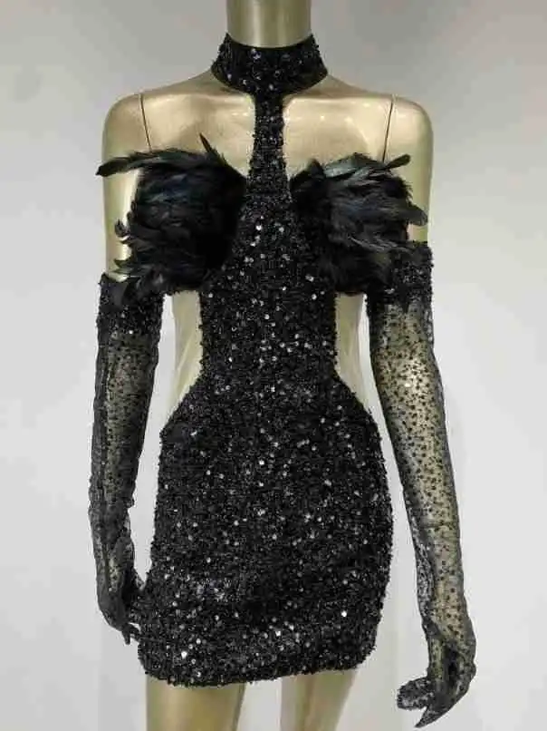 Dress Halter Feather Sequins Short Hip Skirt With Gloves Dress - Black