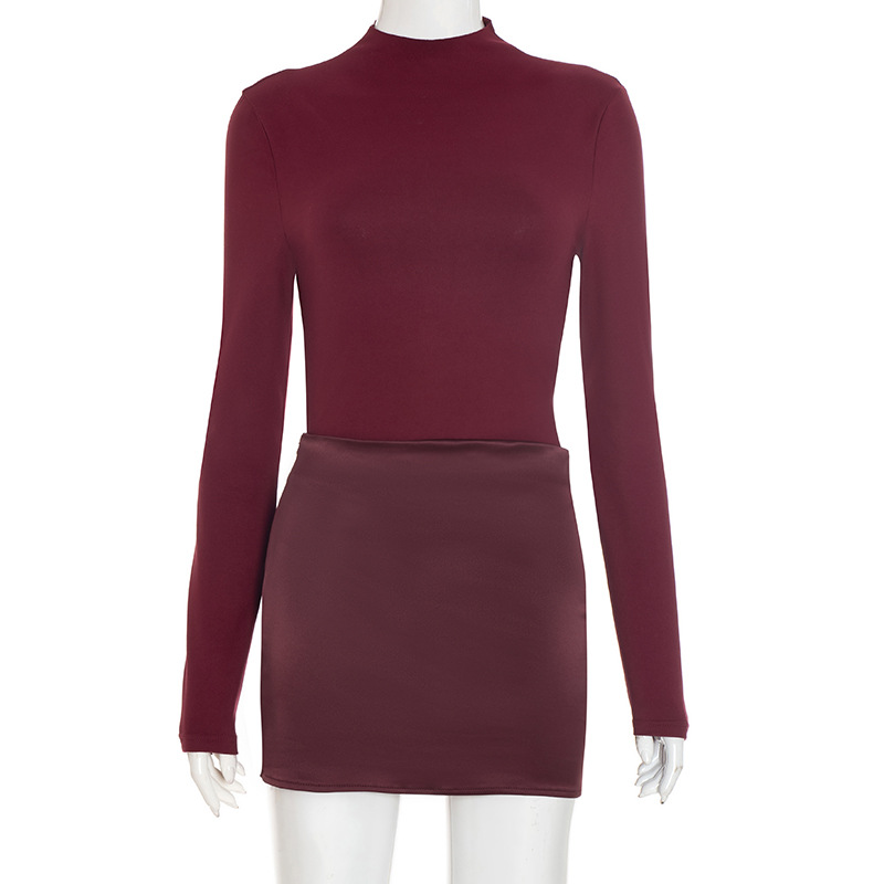 Women's Round Neck Long Sleeve Narrow Slim Fit Patchwork Solid Color Dress Wine - Shop at LoveMi