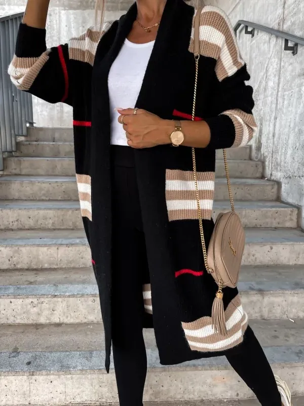 Women's Long Cardigan Striped European And American Style Women Knitted Sweater Black - Shop at LoveMi