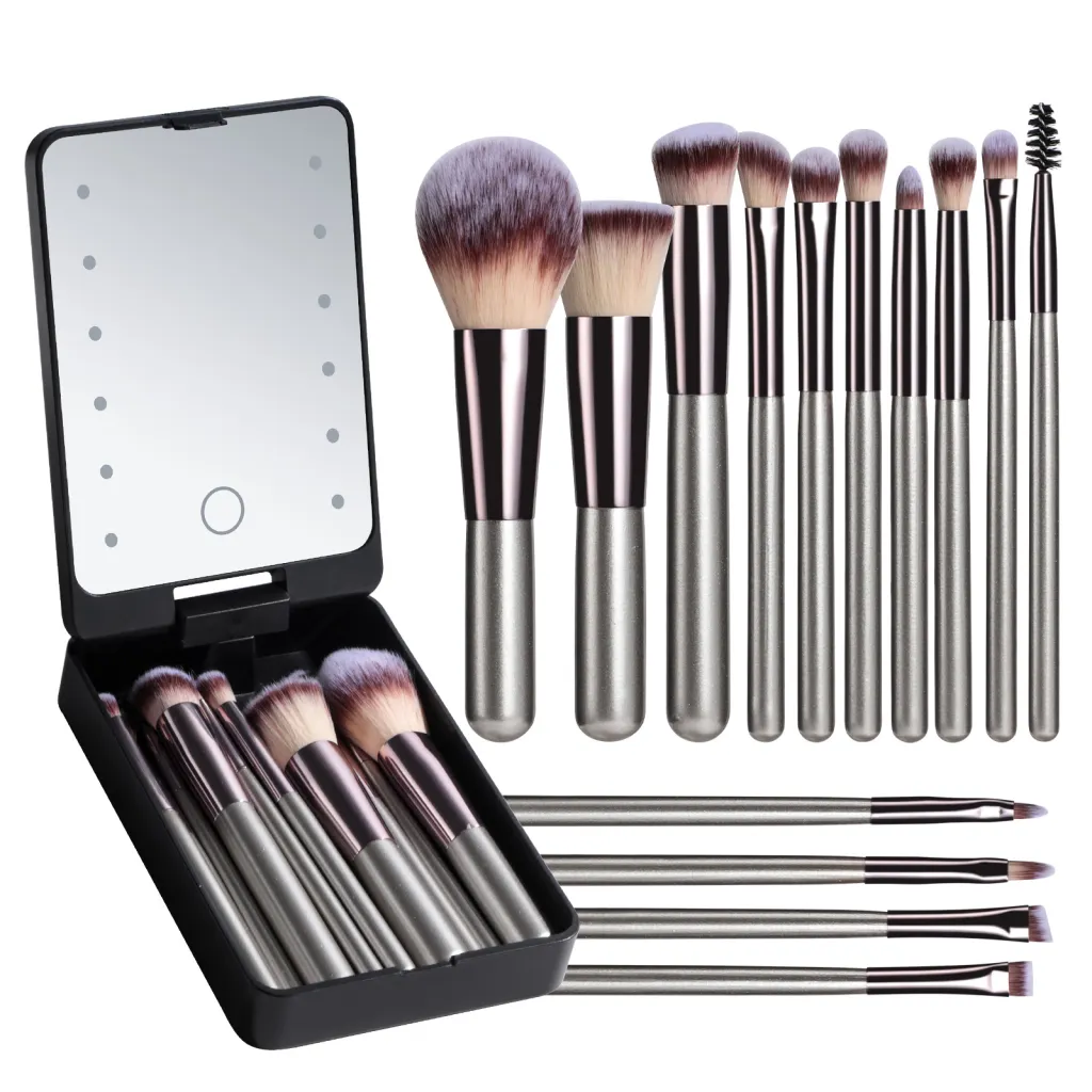 Rechargeable Luminous Mirror Portable Makeup Brush Suit - Champagne With Logo