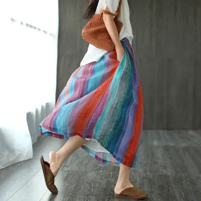Retro Art Elastic waist Midi Dress Color Stripes - Shop at LoveMi