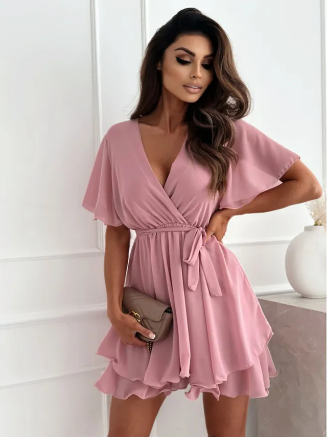 European And American Sexy V neck Cross Straps Mini Skirt Ruffled Hem Chiffon Dress Pink - Shop at LoveMi