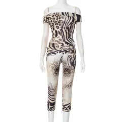 Sexy Off-neck Chest-wrapped Design Blouse Tight Cropped Pants Printing Suit - Black - View 1