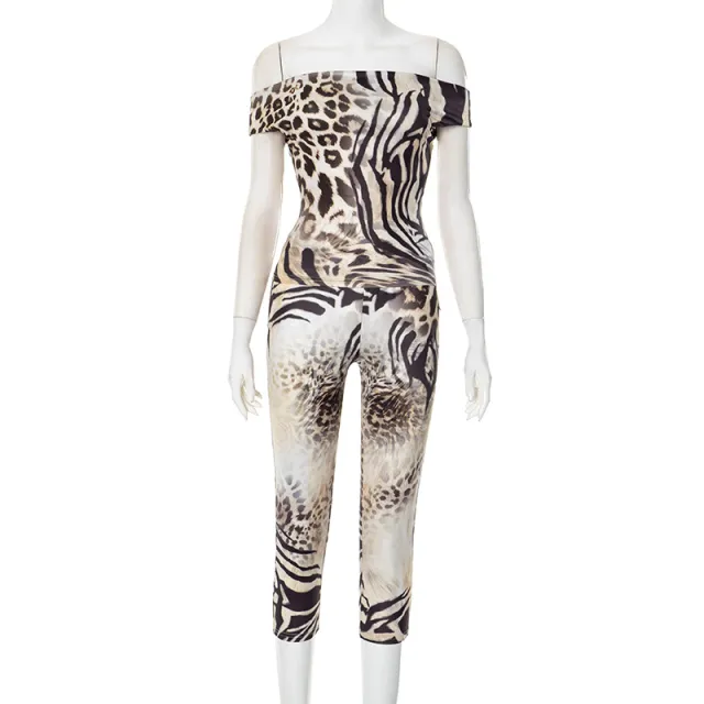 Sexy Off neck Chest wrapped Design Blouse Tight Cropped Pants Printing Suit Black - Shop at LoveMi