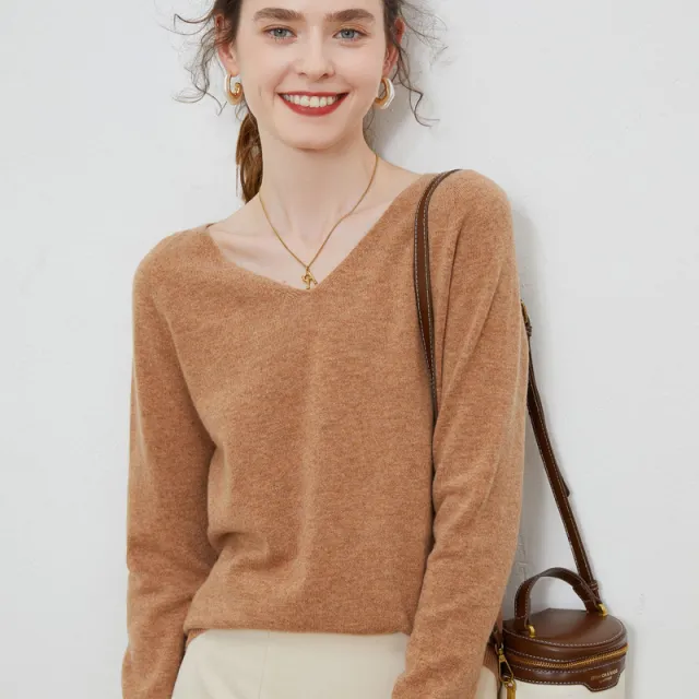 Women's V neck 100 Pure Wool Long sleeved Sweater Golden Camel - Shop at LoveMi
