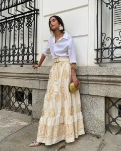 Women's Fashion Printed Pleated Holiday Dress - Apricot - View 1