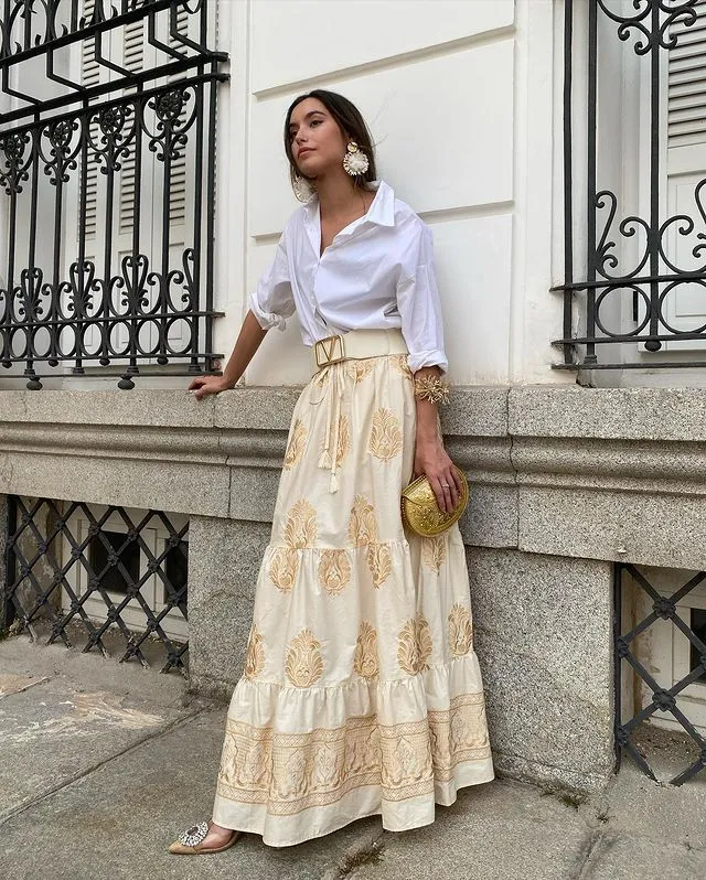 Women's Fashion Printed Pleated Holiday Dress - Apricot