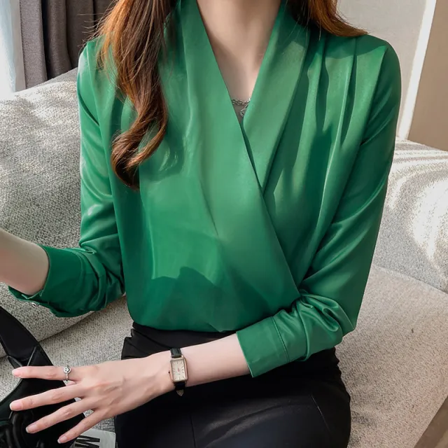 Satin Long Sleeve Women's Spring And Autumn Chiffon Shirt Green Shirt - Shop at LoveMi