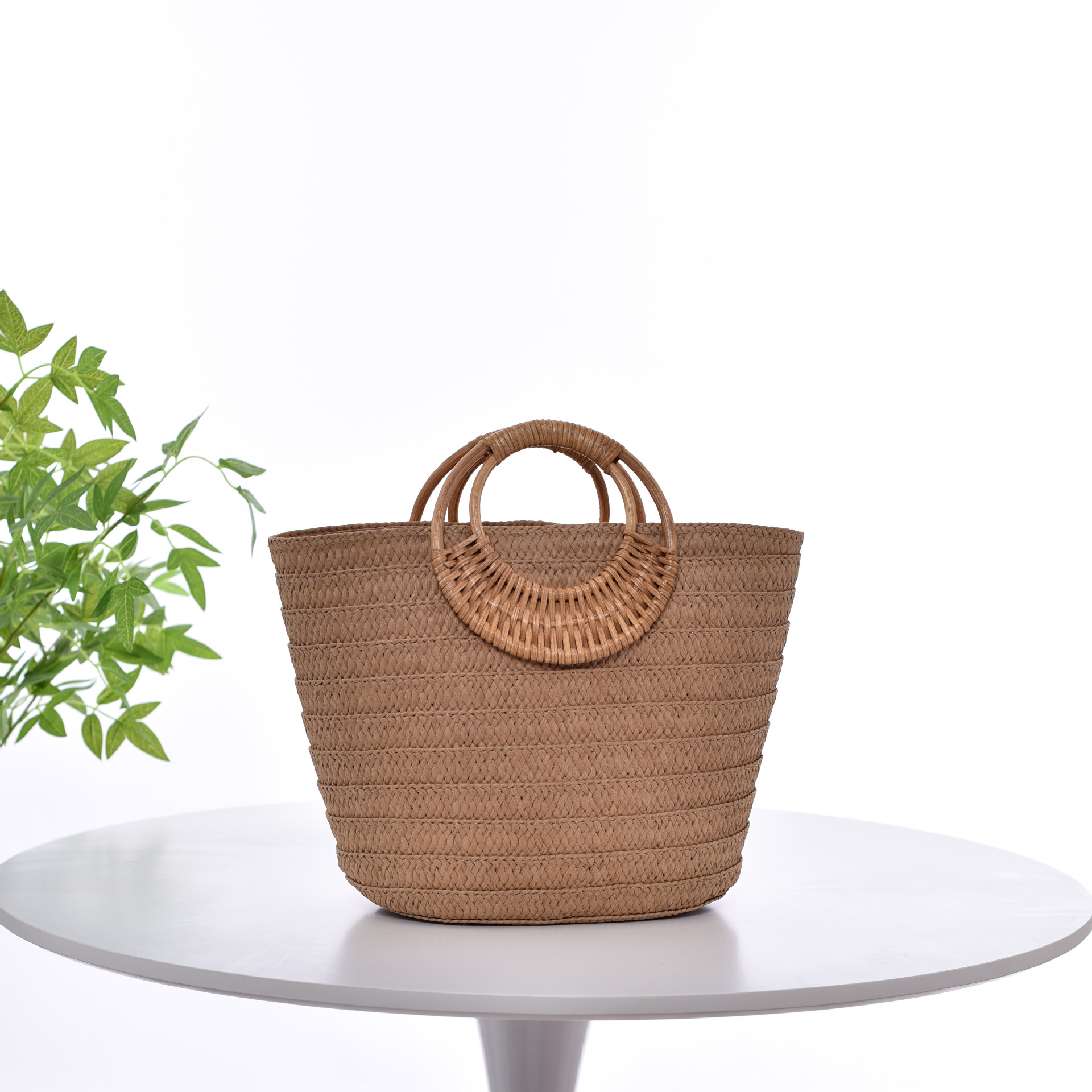 Simple Straw Weave Womens Large-Capacity Round-Handle Tote Bag