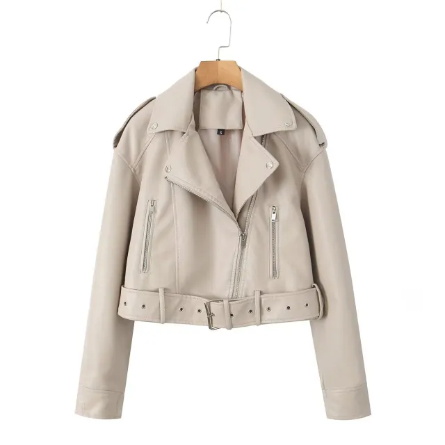 Washed Leather Motorcycle Jacket Women Beige - Shop at LoveMi