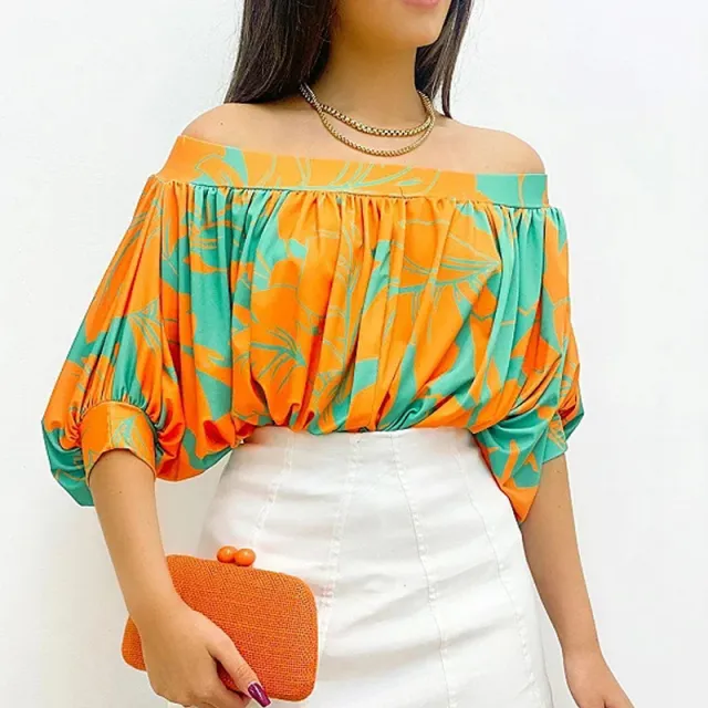 Women's Fashionable Pleated Loose Batwing Sleeve Short Sleeve Top Orange - Shop at LoveMi