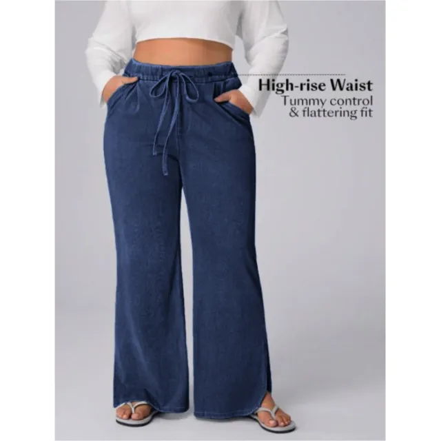 Women's Plus Size Drawstring Casual Loose Wide Leg Jeans Dark Blue - Shop at LoveMi