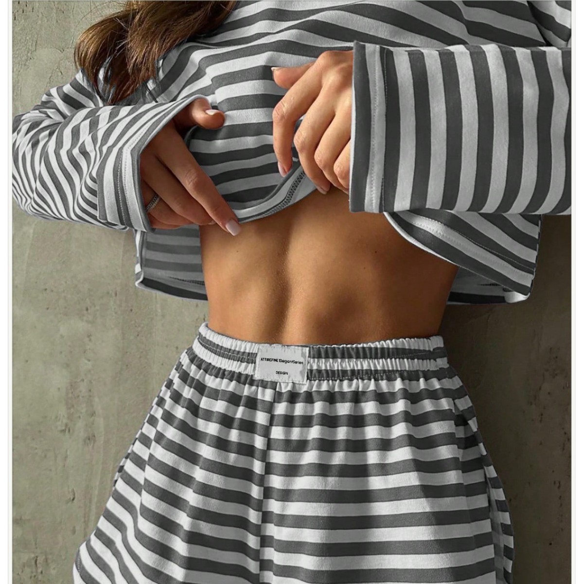 Comfortable And Stylish Knitted Striped Long-sleeve Pajama Set With Shorts 2