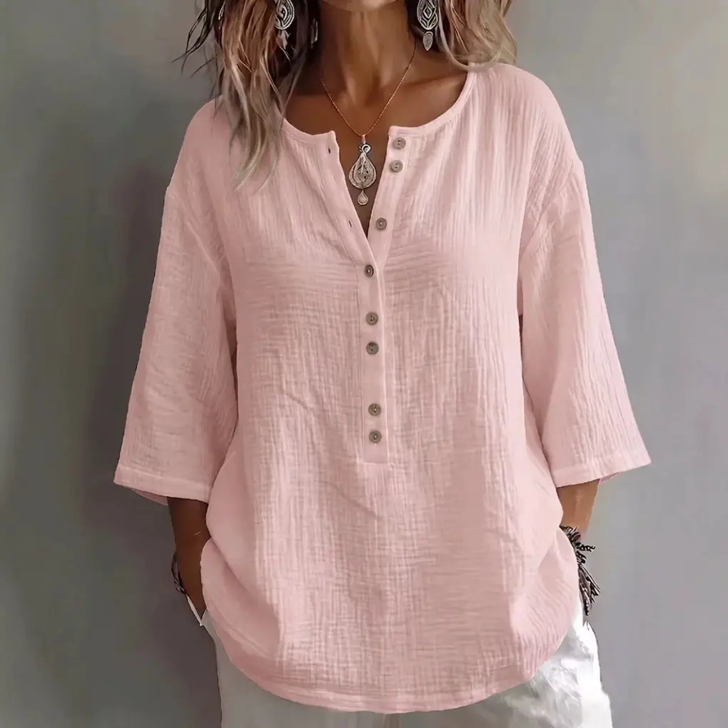 Loose-fit Plus-size Button-up Top Cotton-linen Womens Shirt