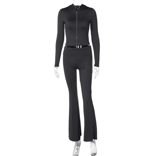 European And American Autumn And Winter Zipper Long sleeved Hooded Top Flared Pants Gray - Shop at LoveMi