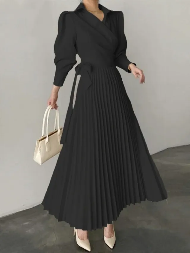 Women's Casual Solid Color Commute Pleated Dress Black - Shop at LoveMi